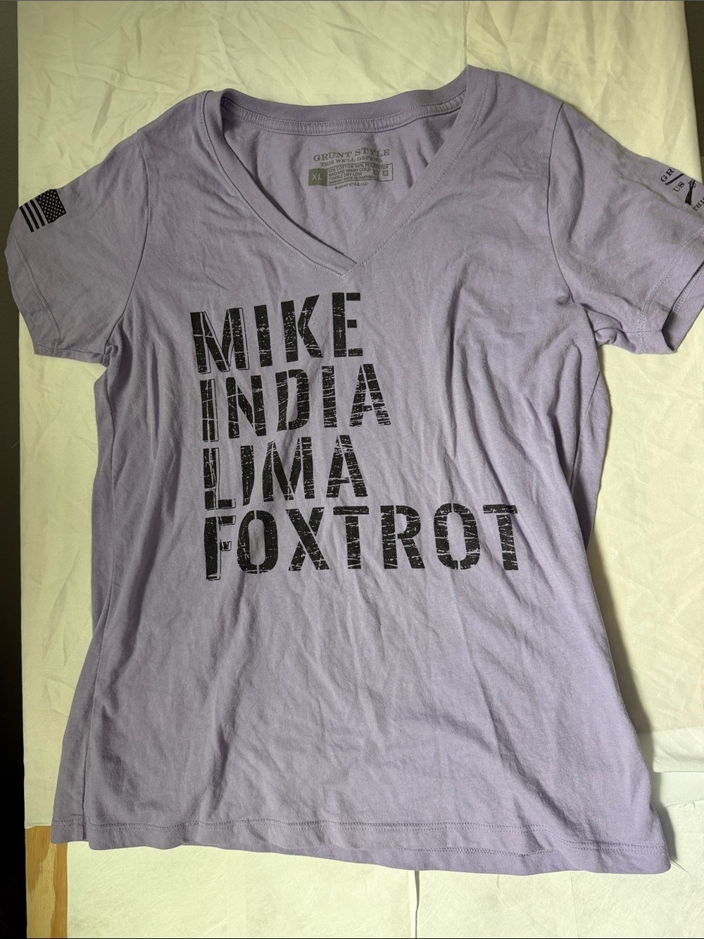 Grunt Style Lavender V-Neck Tee with Black 'Mike India Lima Foxtrot' Print